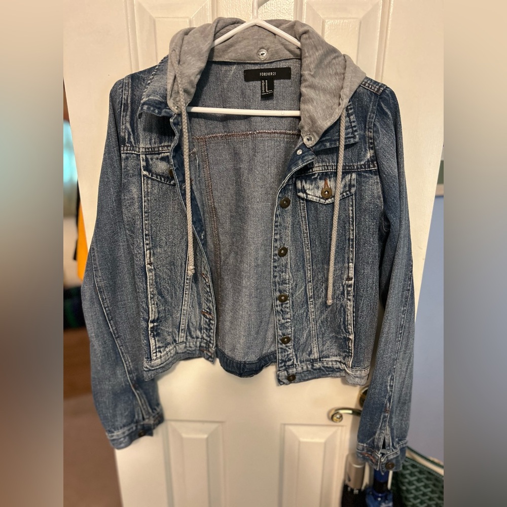 Forever 21 Classic Blue Jean Jacket with Gray Hood